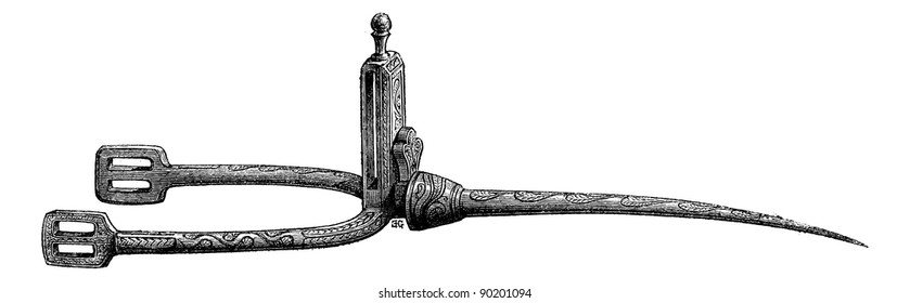 Spur Arab steel inlaid with copper and silver, vintage engraved illustration. Magasin Pittoresque 1875.