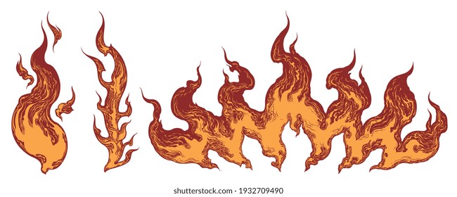 Spurts of flame. Design set. Art detailed editable illustration. Vector vintage engraving. Isolated on white background. 8 EPS