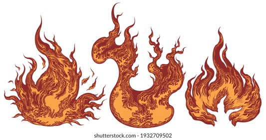 Spurts Of Flame. Design Set. Art Detailed Editable Illustration. Vector Vintage Engraving. Isolated On White Background. 8 EPS