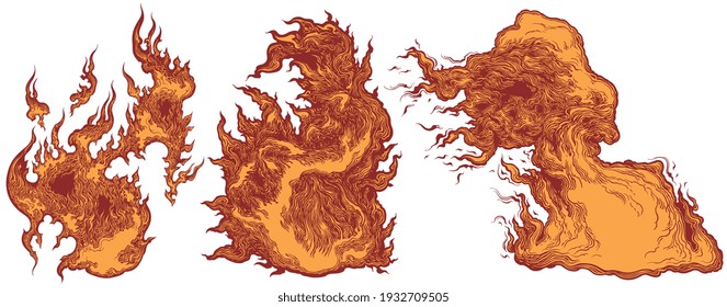 Spurts of flame. Design set. Art detailed editable illustration. Vector vintage engraving. Isolated on white background. 8 EPS