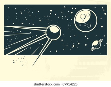 sputnik flying to the moon with banner under