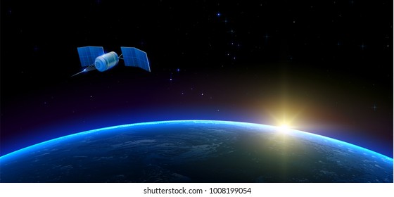 Sputnik Flying In Outer Space Above The Earth And Sun On The Background. Realistic Vector Illustration.