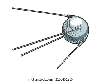 Sputnik One first artificial Earth satellite made by Soviet Union color sketch engraving vector illustration. T-shirt apparel print design. Scratch board imitation. Black and white hand drawn image.