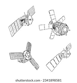 Sputnik One first artificial Earth satellite made by Soviet Union sketch engraving vector illustration. T-shirt apparel print design. Scratch board imitation. Black and white hand drawn image.