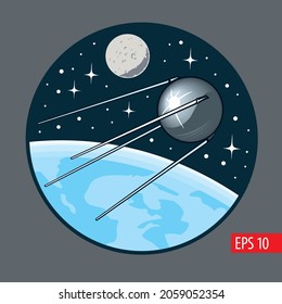 El Sputnik es el primer satélite artificial. Planeta Tierra, Luna y estrellas en segundo plano. Ilustración vectorial de estilo cómic. 