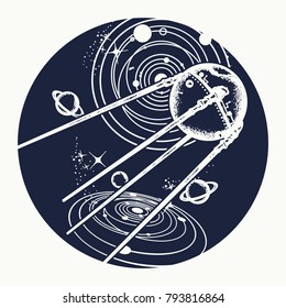 Sputnik tattoo. Space ship tattoo and t-shirt design. Symbol of universe expedition, science, future, research of solar system 