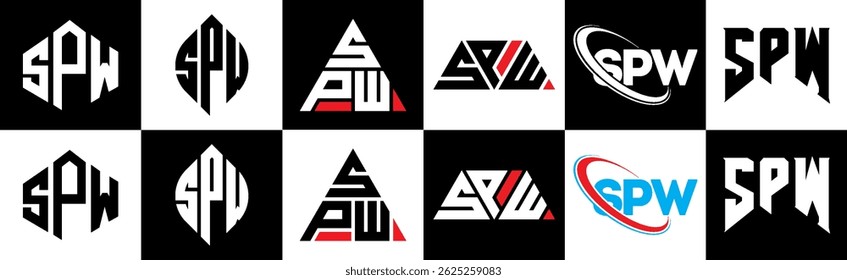SPW letter logo design in six style. SPW polygon, circle, triangle, hexagon, flat and simple style with black and white color variation letter logo set in one artboard. SPW minimalist and classic logo