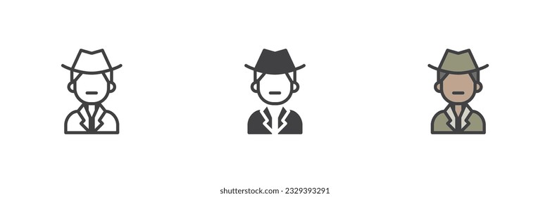 Spy agent different style icon set. Line, glyph and filled outline colorful version, detective avatar outline and filled vector sign. Symbol, logo illustration. Vector graphics