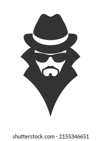 Spy or agent graphic icon. Unknown man in glasses with beard and hat. Graphic sign isolated on white background. Vector illustration