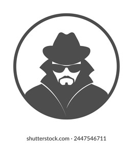 Spy or agent graphic icon. Unknown man in glasses with beard and hat. Graphic sign isolated on white background. Vector illustration