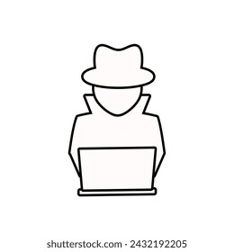 Spy agent or hacker searching on laptop icon isolated on white background.