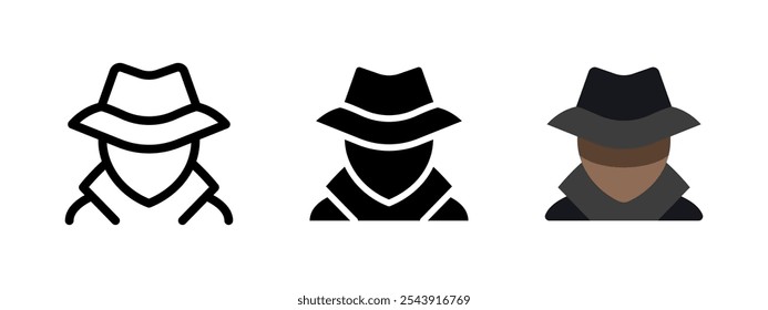 Ícone do agente Spy. Sinal de detetive. Avatar de pessoa anônima. Homem criminoso mafioso com casaco e chapéu. Silhueta de hacker secreto. Ilustração de vetor de pessoa desconhecida. Pictograma do ladrão. Conceito incógnito isolado