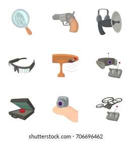 Spy agent icons set. Cartoon set of 9 spy agent vector icons for web isolated on white background