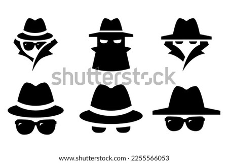 Spy, Agent, Incognito Detective icons with hat. Vector stock illustration