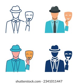 Spy agent with mask icon set in flat and line style. Man in hat holding mask in hand. Vector illustration.