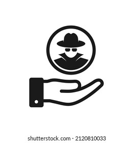 Spy Agent On Hand. Agent, Detective, Thief, Hacker Icon Design Isolated. Vector Illustration