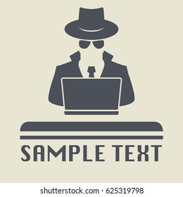 Spy Agent Searching On Laptop. Spy Icon Or Sign Symbol. Man In Hat, Vector Illustration