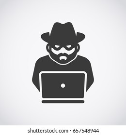 Spy agent searching on laptop. Hacker. Robber icon. Bandit. 