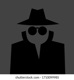 Espía, agente y encubierto - persona cubierta espeluznante con gafas, abrigo y sombrero que está haciendo espionaje. Negro humano y oscuro fondo liso. Ilustración vectorial.