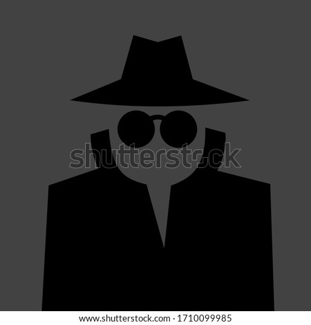 Spy, agent and undercover - spooky covered person with glasses, coat and hat is doing espionage. Black human and dark plain background. Vector illustration.