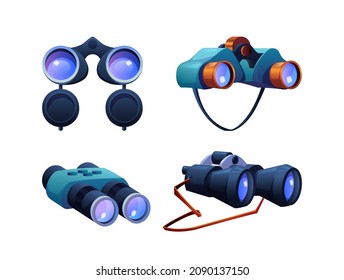 Spy binoculars cartoon icons set. Vector optical equipment to observe and discover on distance, military navigation lens. Field glasses two mounted telescopes exploration and discovery tools