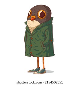 A Spy Bird, isolated vector illustration. Suspicious humanized pigeon. Calm anthropomorphic bird, wearing a coat with his hands in pockets, following somebody. An animal character with a human body