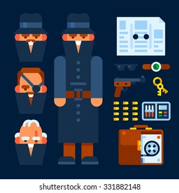 Spy in a black coat and items for spying. Vector flat illustration.