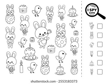 I spy black and white game for kids with cute hares. Search and count how many. Math game. Printable isolated vector illustration eps 10

