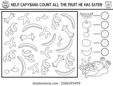 I spy black and white game for kids. Searching and counting line activity with capybara and fruit peel. Printable worksheet, coloring page. Spotting puzzle with watermelon, tangerine, banana, apple
