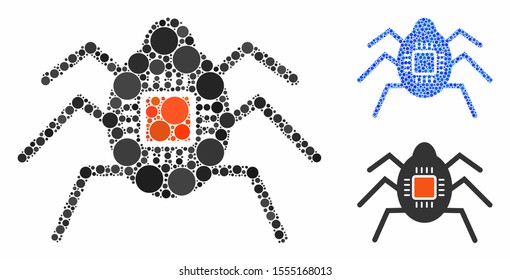 Spy bug mosaic of round dots in various sizes and color tints, based on spy bug icon. Vector round dots are combined into blue collage. Dotted spy bug icon in usual and blue versions.