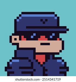 Espía en una gorra y gafas negras, estafador, pixel art man, personaje masculino, niño de 8 bits, años 80, avatar, cara de hombre, NFT, ícono de Vector de dibujos animados, usuario de juego, personas de perfil de Web, personas, retrato de red social. 