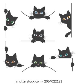 Spy cat. Curious black cats silhouettes peeking from white corner, cute hiding kitty pets faces with whiskers, peeping kitten vector illustration