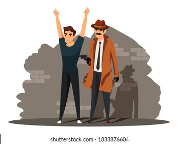 Espía atrapando a un asesino o ladrón. Buscando y encontrando al hombre. Ilustración vectorial del trabajo de la policía. Inspector siguiendo y atrapando criminales, apuntando con armas, armas.