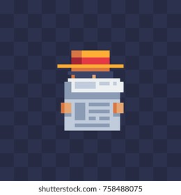 Spy character. Pixel art icon. Man with hat reading a newspaper. Old school computer graphic design. 8-bit style. Isolated vector illustration.