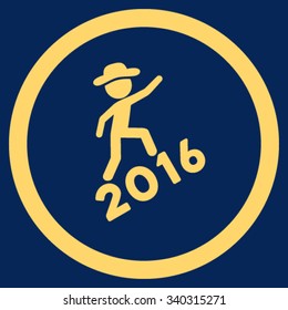 Spy Climbing 2016 vector icon. Style is flat circled symbol, yellow color, rounded angles, blue background.