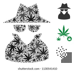 Spy composition of cannabis leaves in different sizes and color tints. Vector flat cannabis leaves are grouped into spy mosaic. Addiction vector design concept.