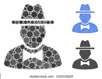 Spy composition of round dots in various sizes and color hues, based on spy icon. Vector round dots are organized into blue mosaic. Dotted spy icon in usual and blue versions.