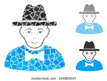 Spy composition of tremulant items in variable sizes and color tinges, based on spy icon. Vector tremulant items are composed into collage. Spy icons collage with dotted pattern.