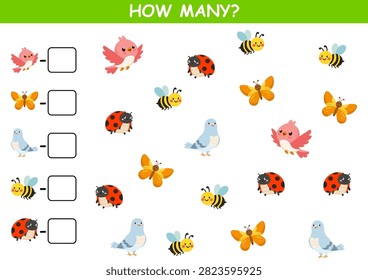 I spy and count activity worksheet for kids, math educational game with cute insects and birds, kindergarten printable page vector illustration