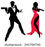 Spy Couple: Silhouettes of spy couple over white background. No transparency and gradients used.