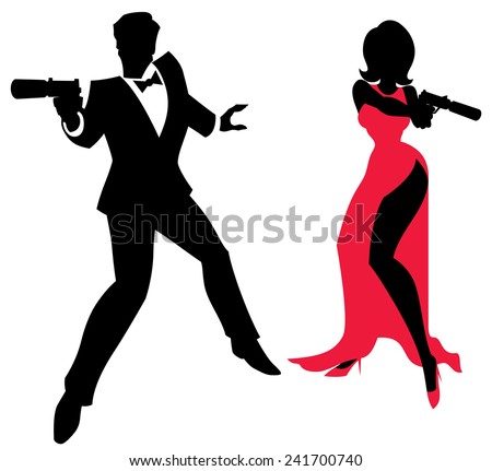 Spy Couple: Silhouettes of spy couple over white background. No transparency and gradients used.