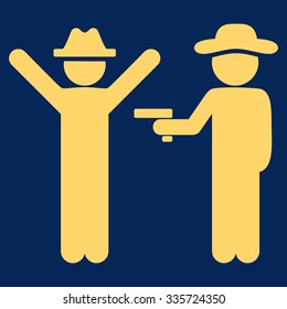 Spy Crime vector icon. Style is flat symbol, yellow color, rounded angles, blue background.