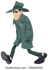 Spy in dark glasses and big hat. Police Detective or Private Investigator is walking. Funny people.