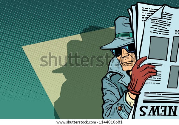 Spy detective in hat\
and sunglasses, newspaper. Comic cartoon pop art retro vector\
illustration drawing