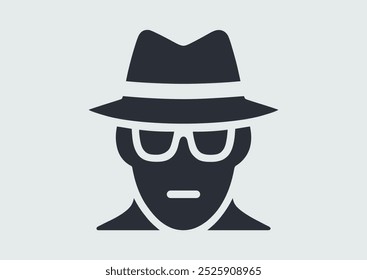 Espionar, detetive, ícone do agente do serviço secreto. Mafioso naquele pictograma plano simples. Símbolo, ilustração de vetor de logotipo de design. Conceito de avatar de hacker de computador. Incognito, anônimo, disfarce. Rótulo do vintage