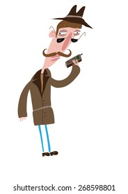 Spy or detective, wearing sunglasses and raincoat, talking on cellphone