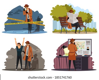 Spy doing crime investigation set. Sleuth searching man and evidence. Police detective work vector illustration. Inspector looking at muder scene, following with newspaper, catching, planning.