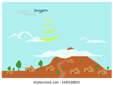 A Spy Drone  Flies Over A Village. Editable Clip Art.