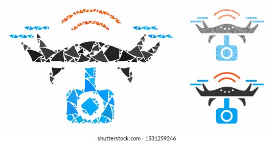 Spy drone mosaic of irregular elements in different sizes and shades, based on spy drone icon. Vector ragged elements are composed into mosaic. Spy drone icons collage with dotted pattern.