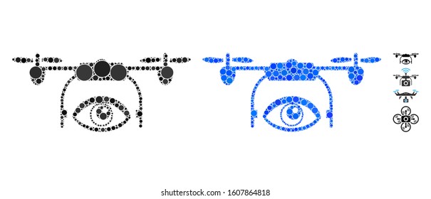 Spy drone mosaic of spheric dots in variable sizes and color tints, based on spy drone icon. Vector dots are grouped into blue mosaic. Dotted spy drone icon in usual and blue versions.